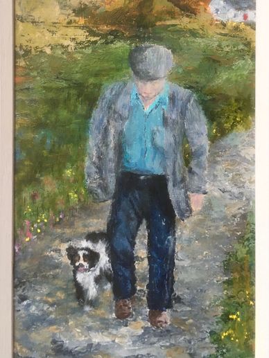 Old Farmer Young Collie Puppy Walking Aniela Jones Original Painting