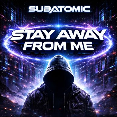 Futuristic digital artwork of a hooded figure with glowing text 'Stay Away From Me'.