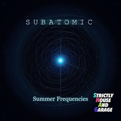 Album cover for 'Subatomic Summer Frequencies' with cosmic design and music genre label.