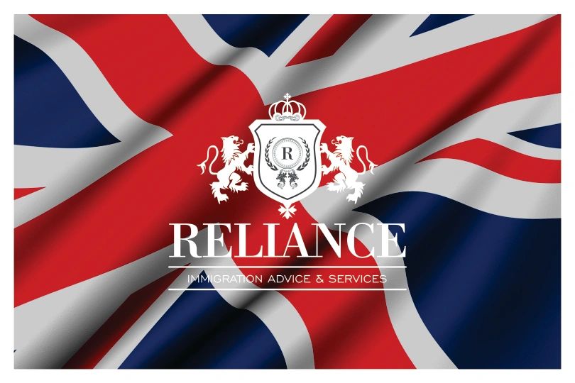UK Flag with Reliance immigration Logo
