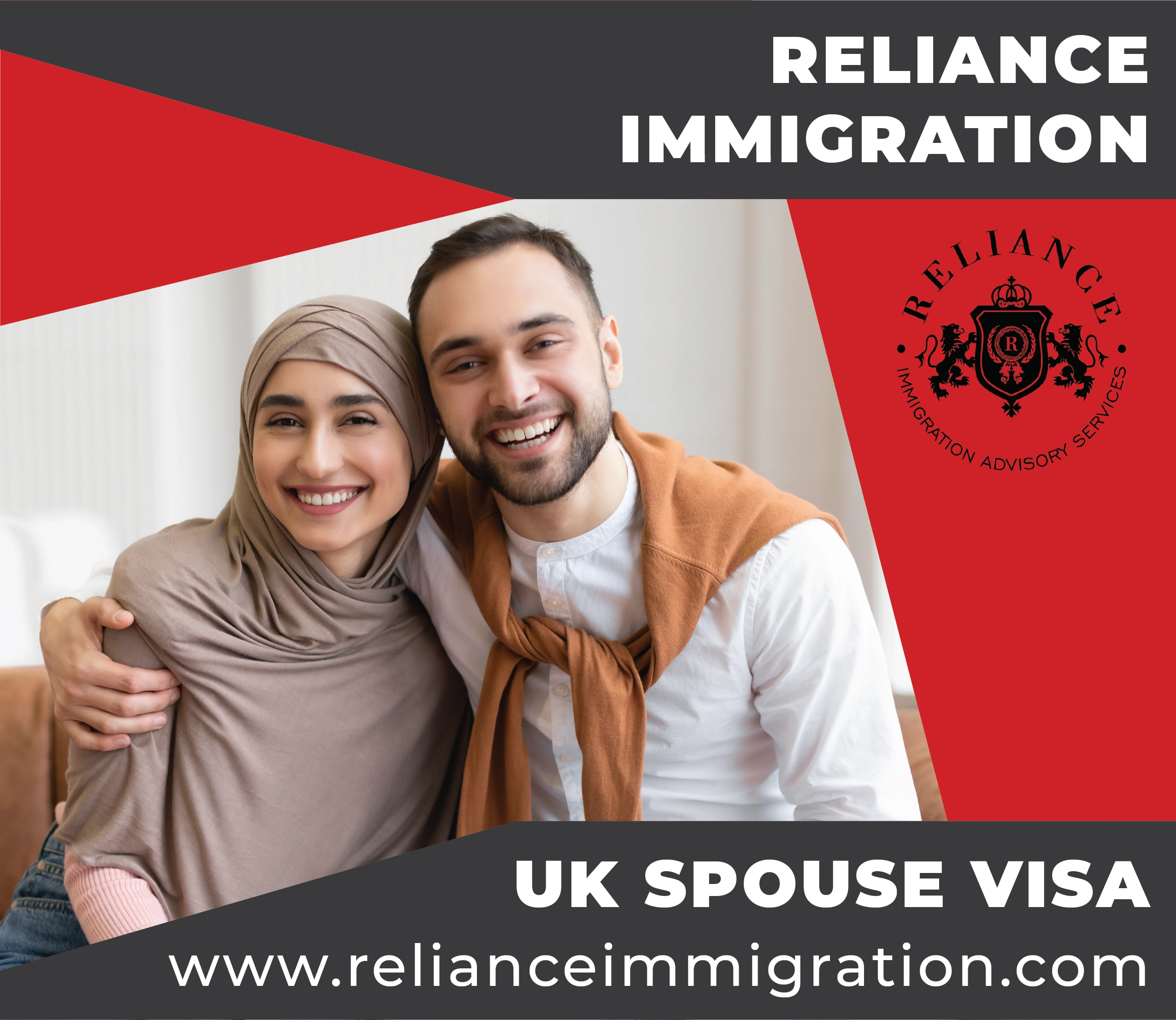 Reliance Immigration promotional banner with Logo containing information for UK Spouse Marriage Visa
