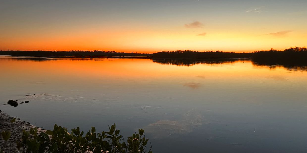 Calm lake reflecting a vibrant orange sunset with silhouetted trees.