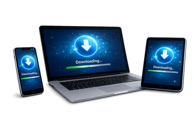 Smartphone, laptop, and tablet showing downloading progress.