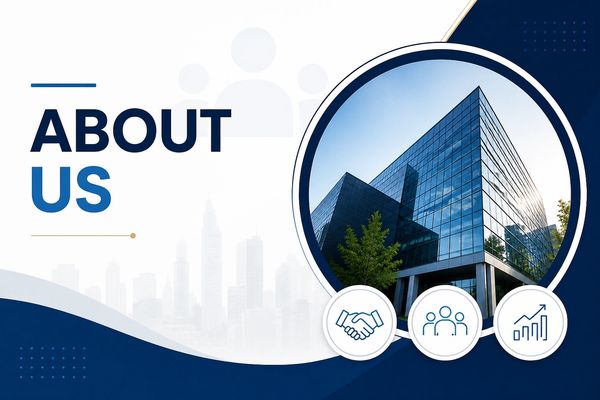 Modern corporate building with 'About Us' text and business icons.