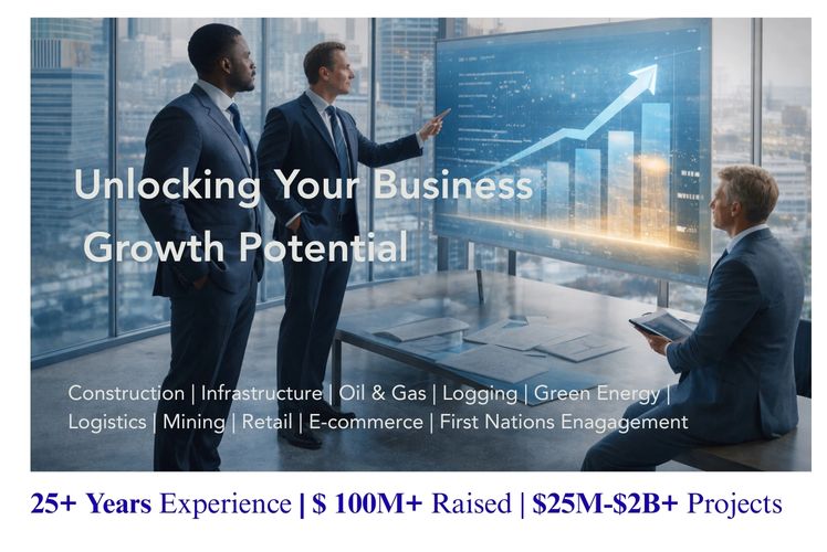 Business professionals discussing growth strategies with a rising graph on a digital screen.