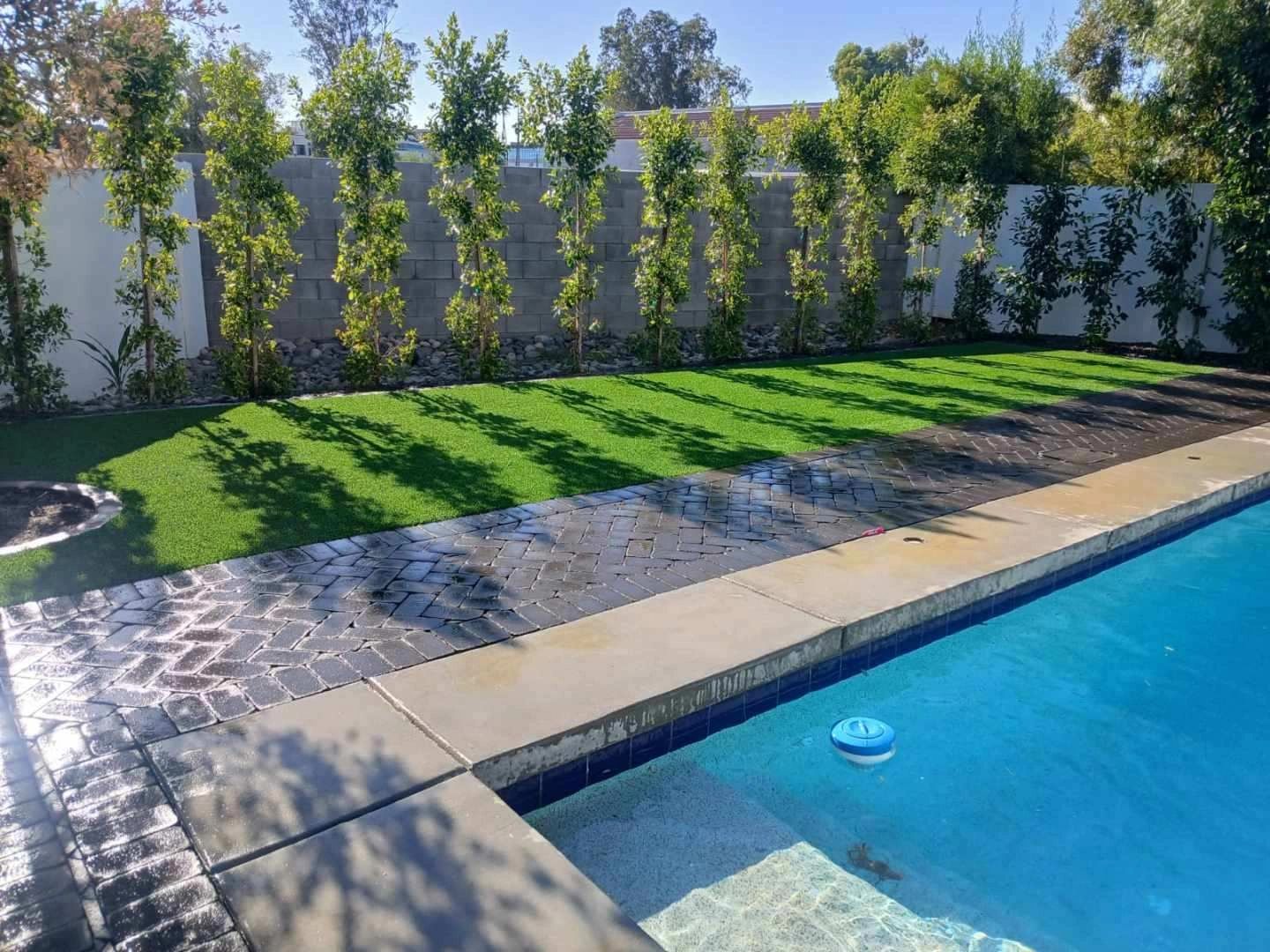 Clear backyard pool with green lawn and trees.