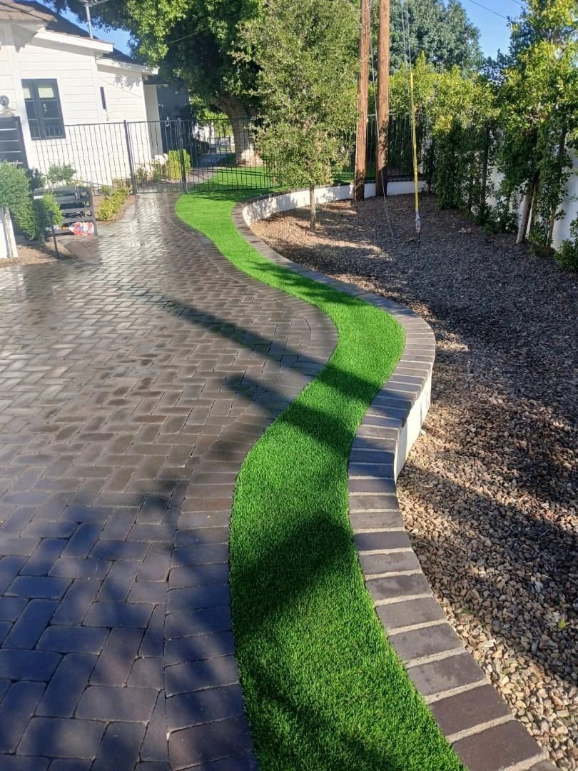 Curved green grass strip between stone pavements in a sunny yard.