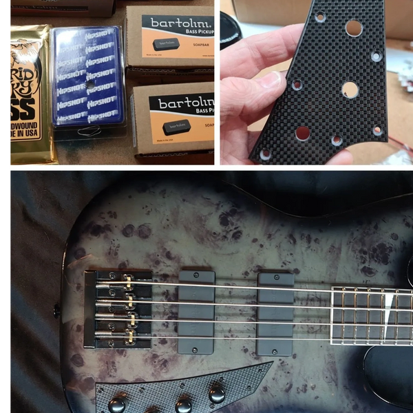 Hand crafted carbon fibre control/scratch plate. pickups and pre amplifier replaced with Bartolini