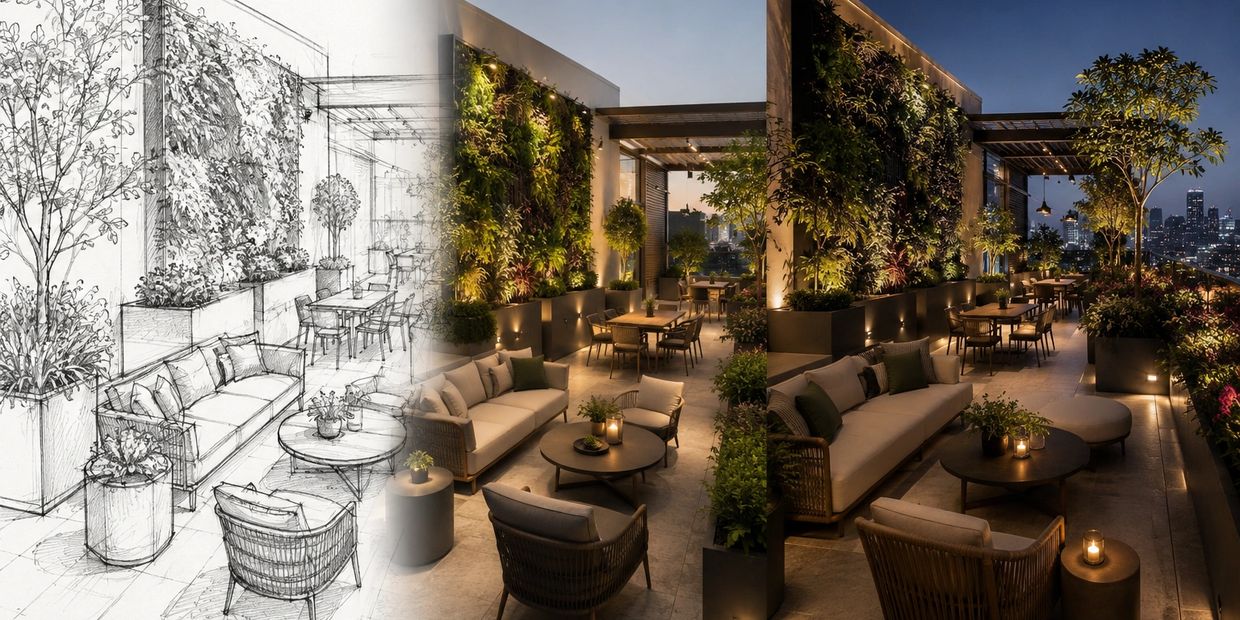 A rooftop patio transitioning from sketch to night-lit reality with cozy seating and greenery.