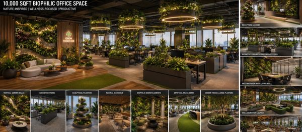 Biophilic office space with abundant greenery and natural elements.