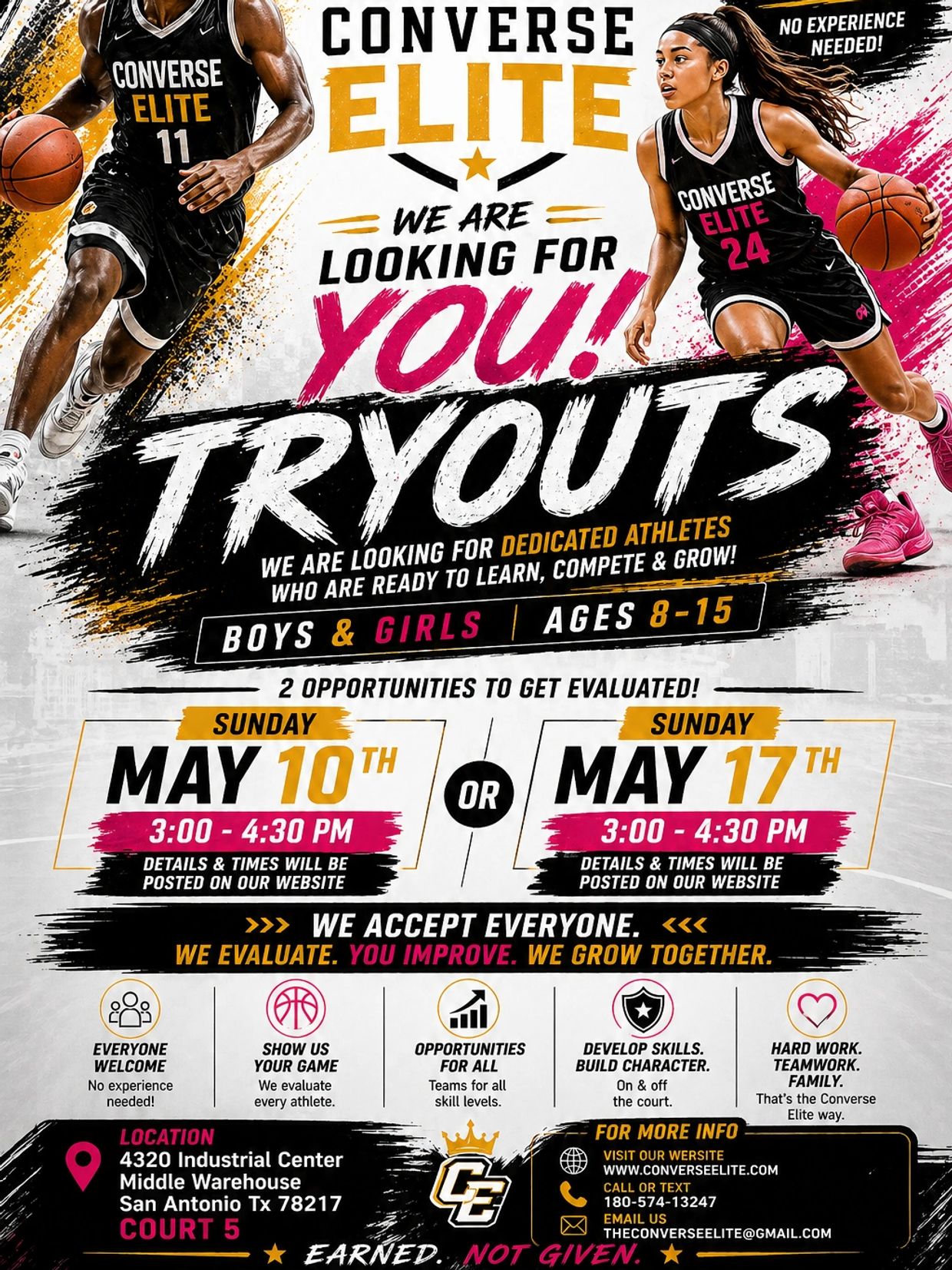 Converse Elite basketball tryouts for boys and girls ages 8-15, no experience needed.