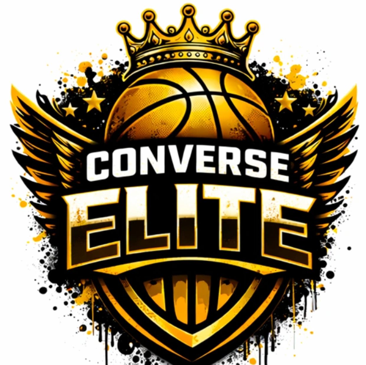 Golden basketball logo with crown, wings, and text 'Converse Elite'.
