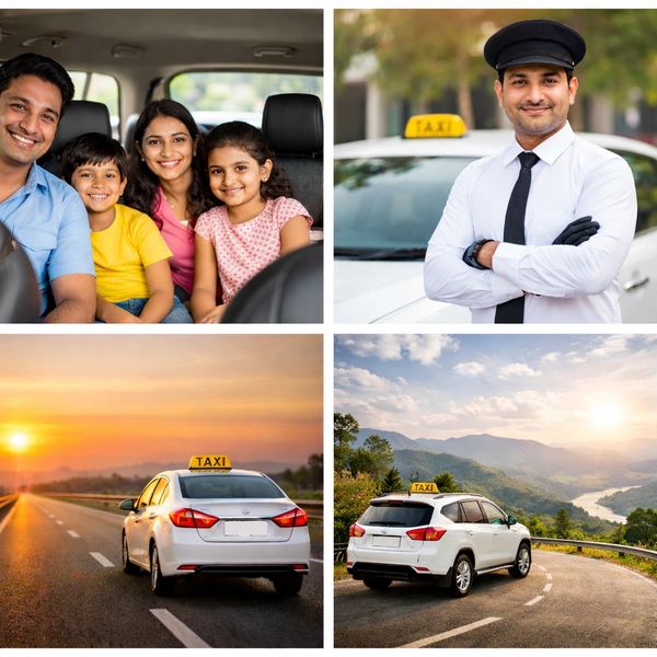 Family happy in taxi, professional driver, and taxi cars on scenic roads.