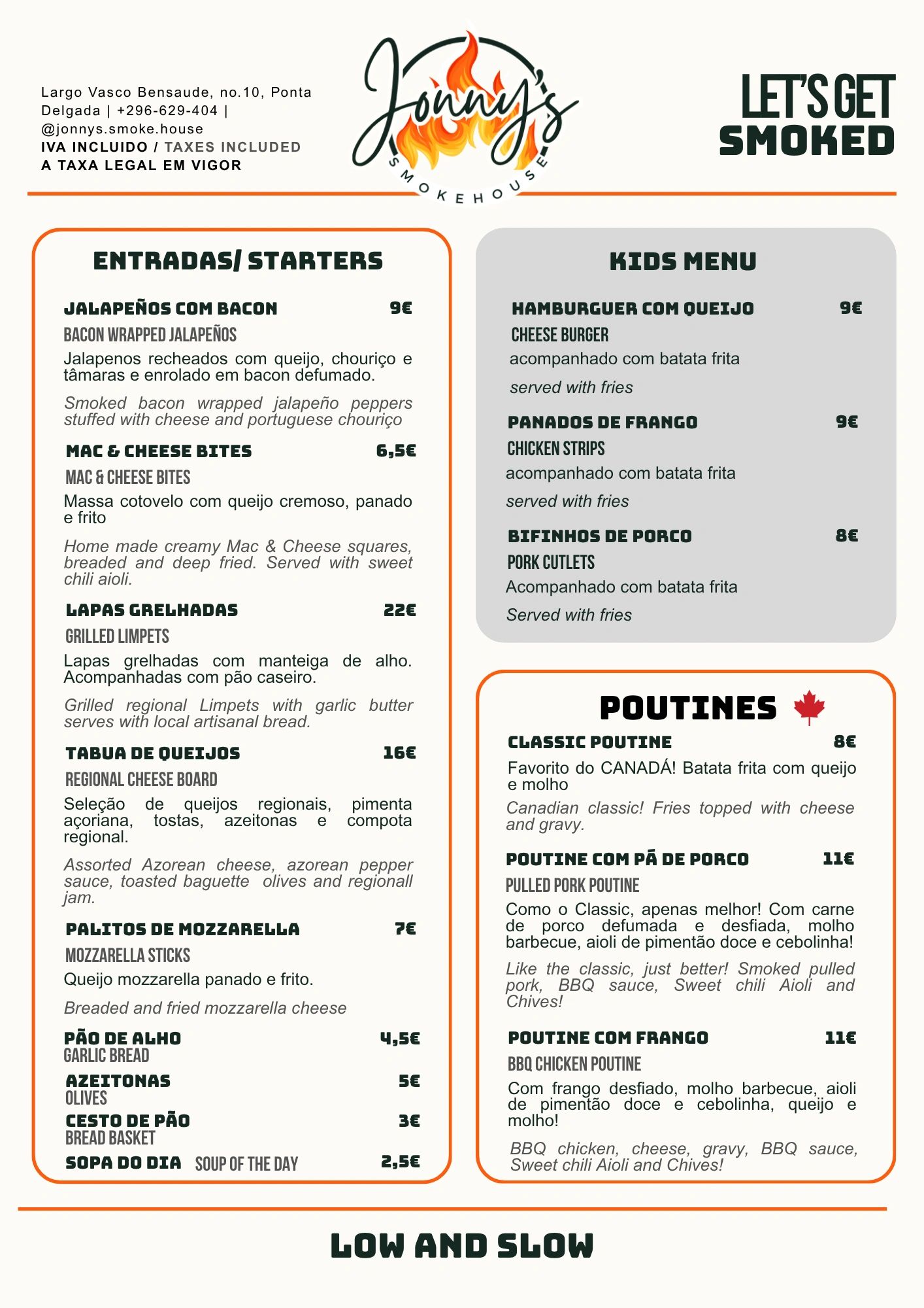 Jonny's Smokehouse menu with starters, kids menu, and poutines featuring bilingual descriptions and prices.