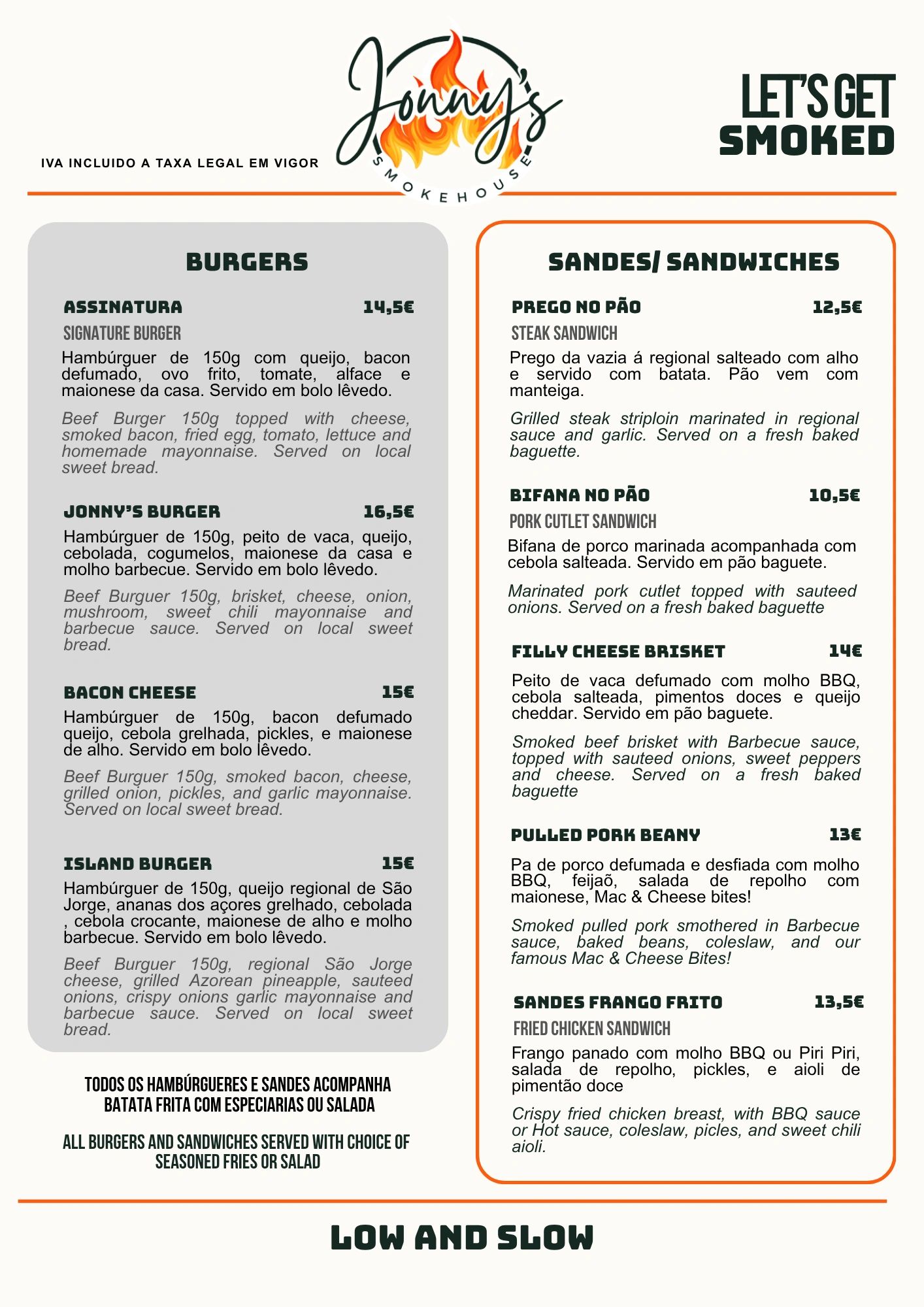 Menu from Jonny's Smokehouse featuring burgers and sandwiches with detailed descriptions and prices.