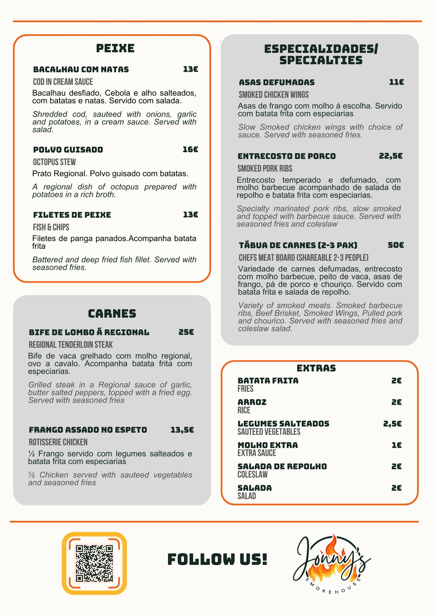 Menu featuring fish, meats, specialties, and extras with English and Portuguese descriptions.