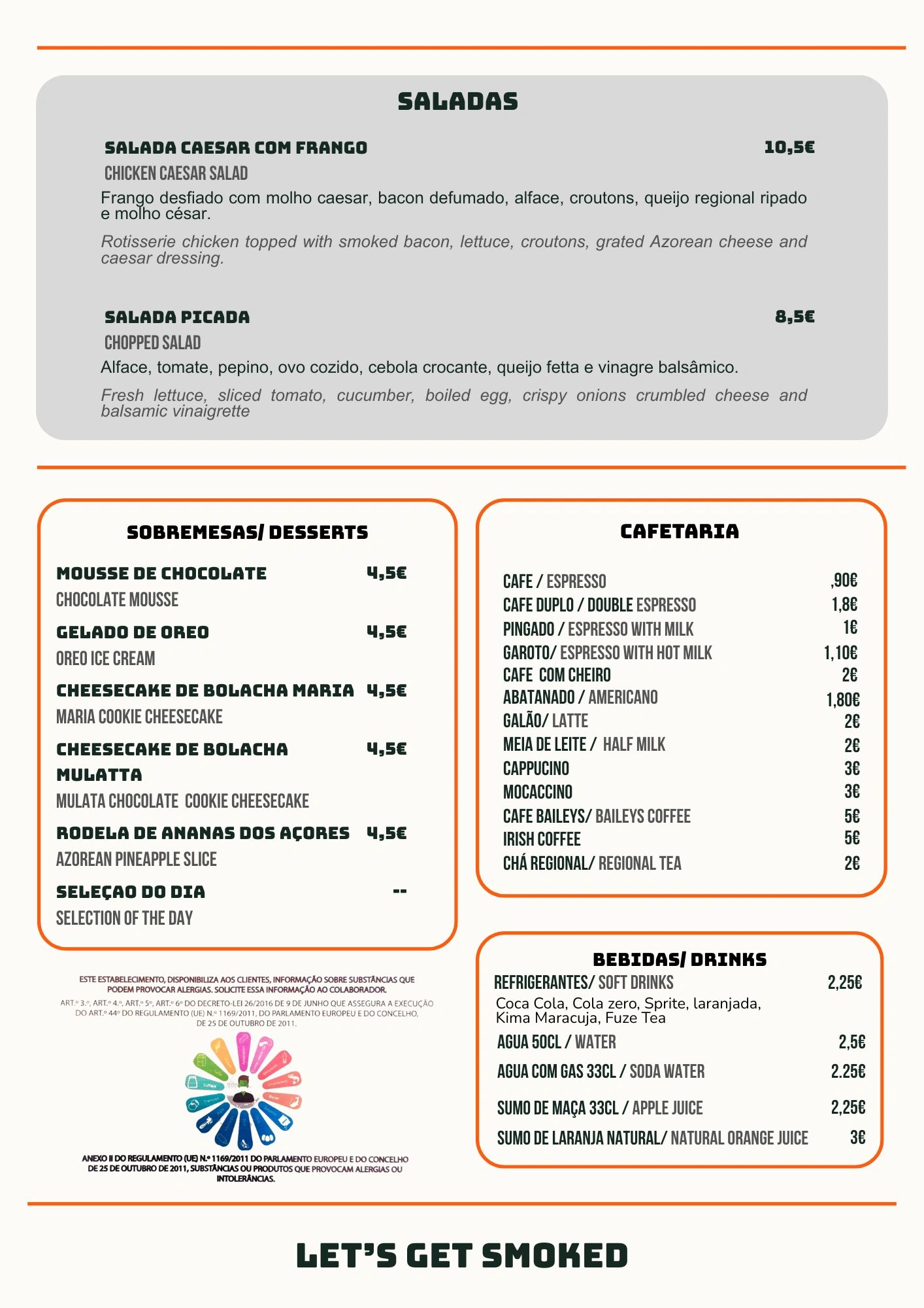Menu with salads, desserts, coffee, and drinks, bilingual in Portuguese and English.