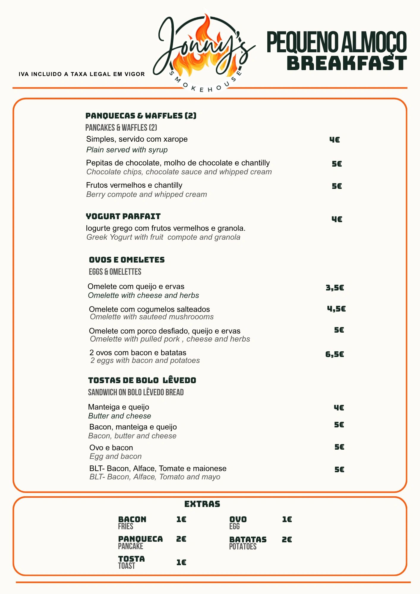 Breakfast menu at Jonny's Smokehouse with pancakes, omelettes, and sandwiches.