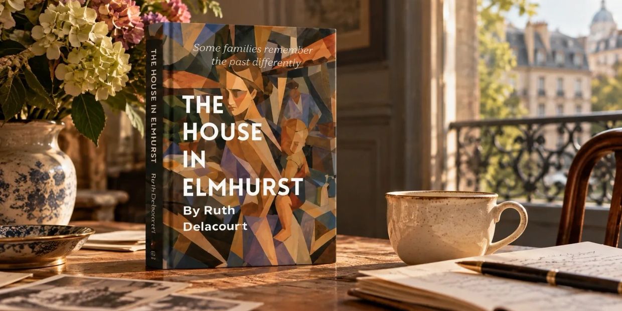 Book titled 'The House in Elmhurst' on a wooden table with a cup and flower vase.