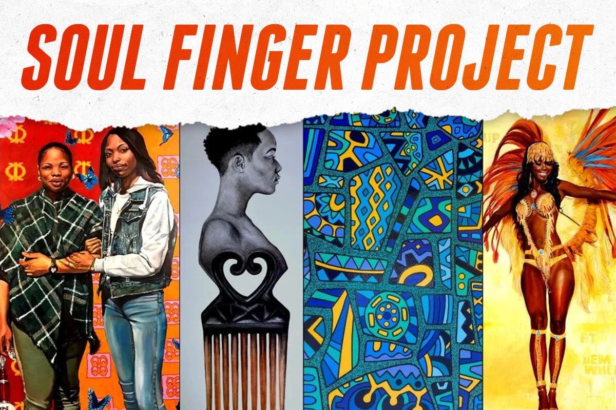 Exhibit flyer with artwork from Clayton Singleton Anthony Burks Sr. Ramel Jasir  & Arthur Rogers Jr