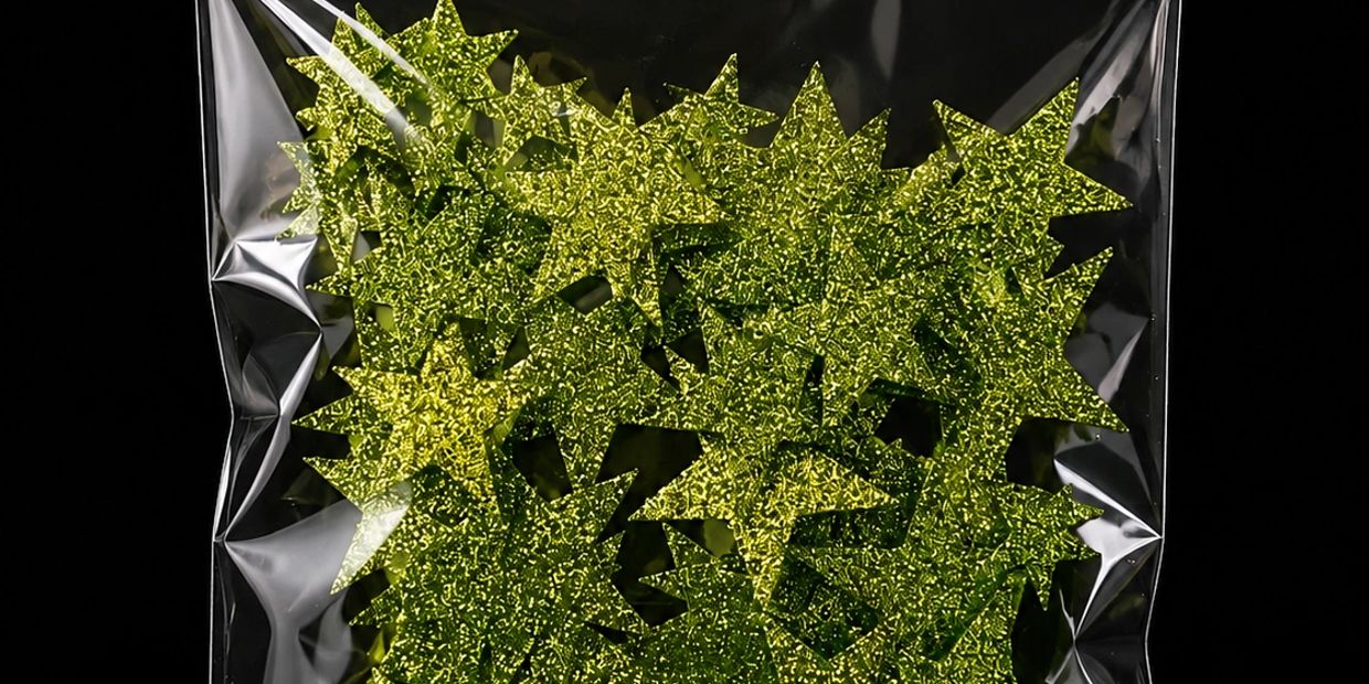 Estrellas doradas brillantes en bolsa de plástico transparente.