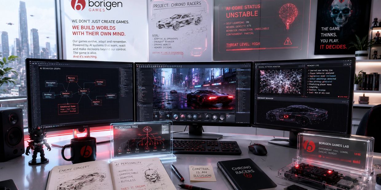 Futuristic AI-powered game development setup with multiple monitors and holographic displays.