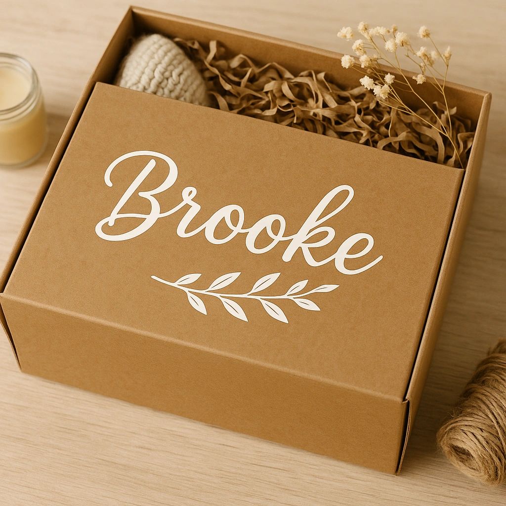 A brown gift box with the name 'Brooke' on the lid, filled with shredded paper and dried flowers.