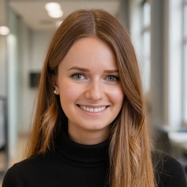Smiling young woman with long brown hair in a black turtleneck.