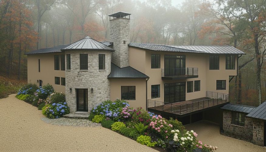 Modern Mediterranean inspired house with stone accents and vibrant garden in a misty forest.