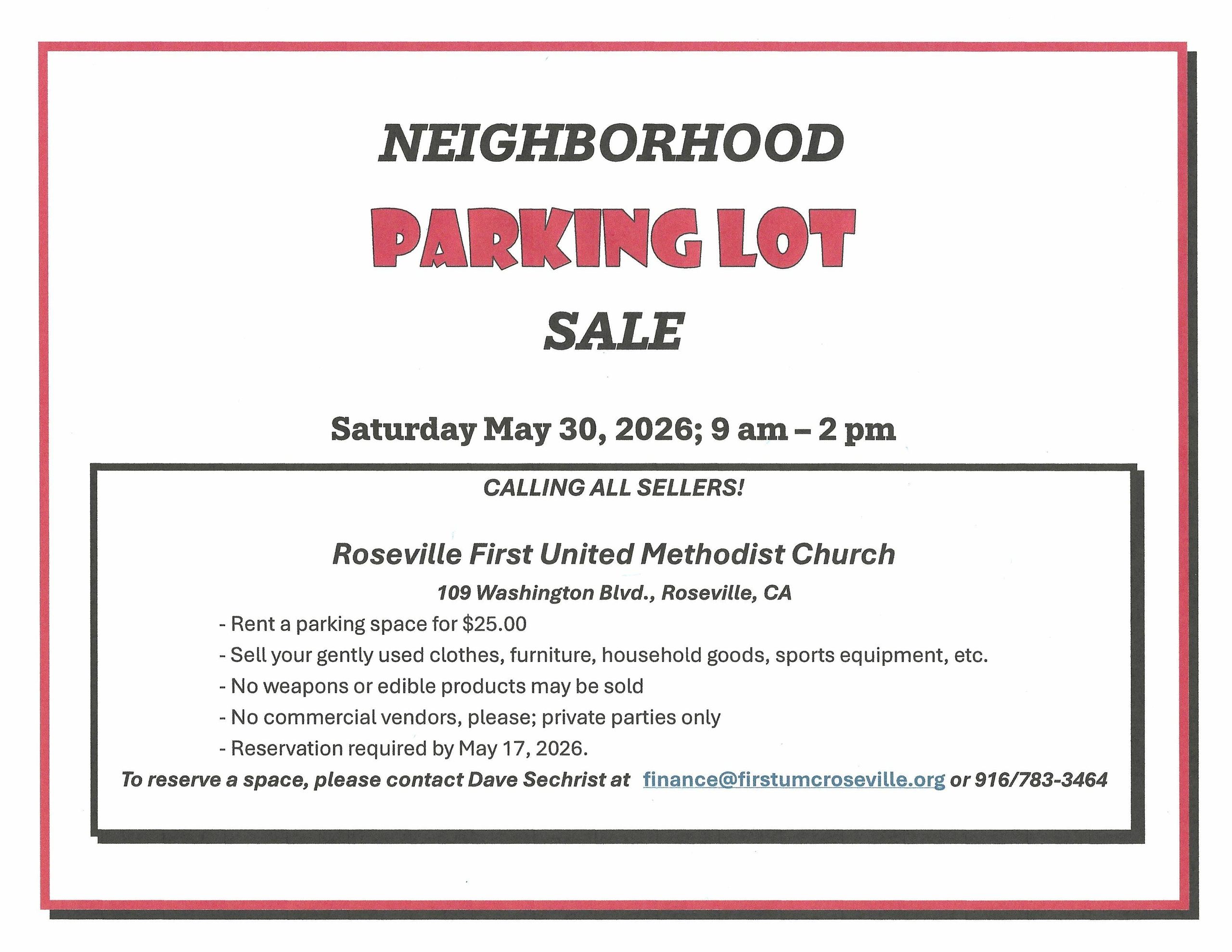 Neighborhood parking lot sale on May 30, 2026, 9 am - 2 pm at Roseville First United Methodist Church.