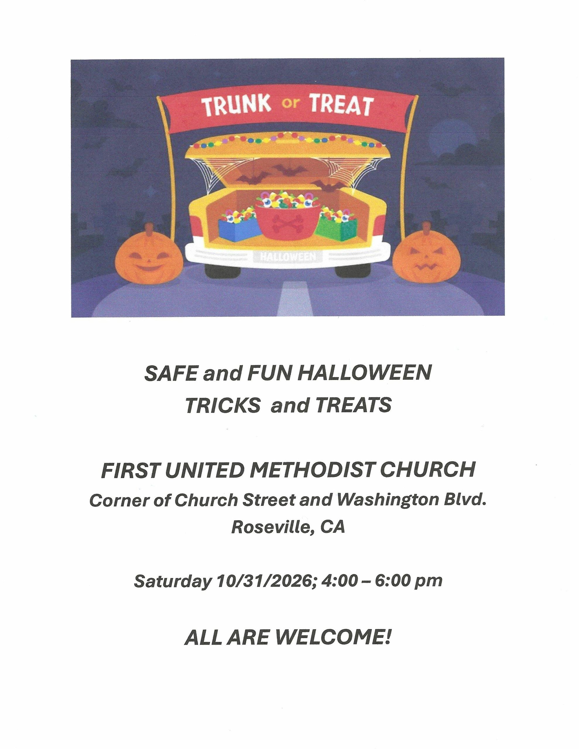 Flyer for safe Halloween trunk or treat event.