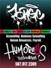 Business card for HumOre Technologies with contact details.