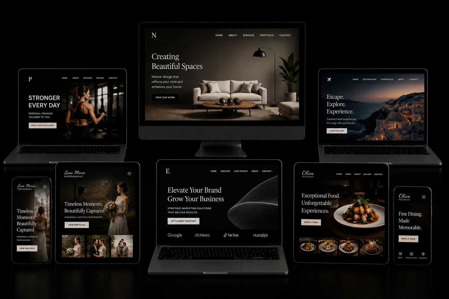 Multiple digital devices showcasing diverse, elegant website designs for different industries.