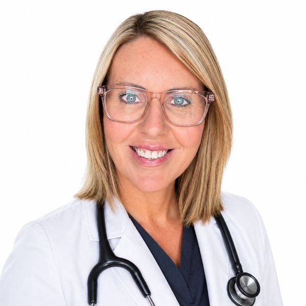 Smiling female doctor with glasses and stethoscope in white coat.