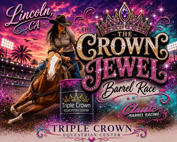 Barrel racing event poster with rider, horse, and vibrant sunset colors.