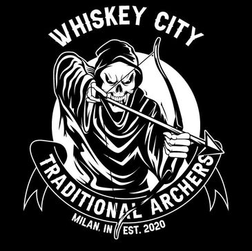 Whiskey City Logo with a skeleton having a bow and black background