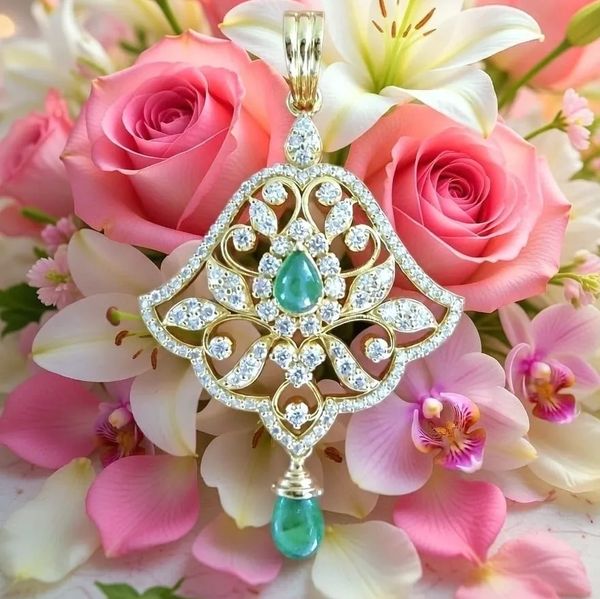 Ornate gold pendant with green gems and diamonds on pink and white flowers.