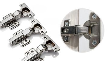 Three metal cabinet hinges and a close-up of one installed on wood.