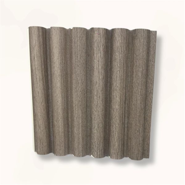 A corrugated wooden panel with a wavy texture and natural finish.