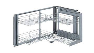 Metal sliding kitchen cabinet organizer with two wire baskets.