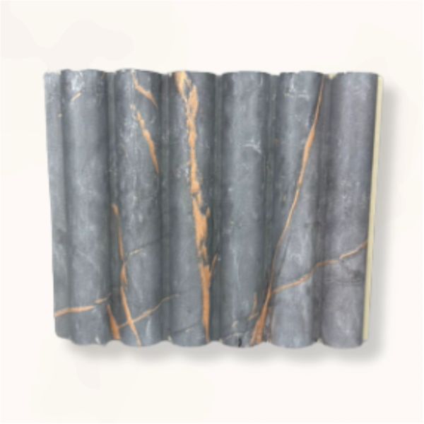 Gray marble panel with vertical ridges and orange veins.