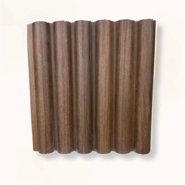 Curved wooden panel with a rich brown finish.