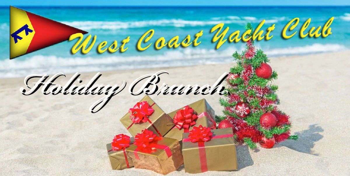 Holiday brunch invitation by West Coast Yacht Club with gifts and a Christmas tree on the beach.