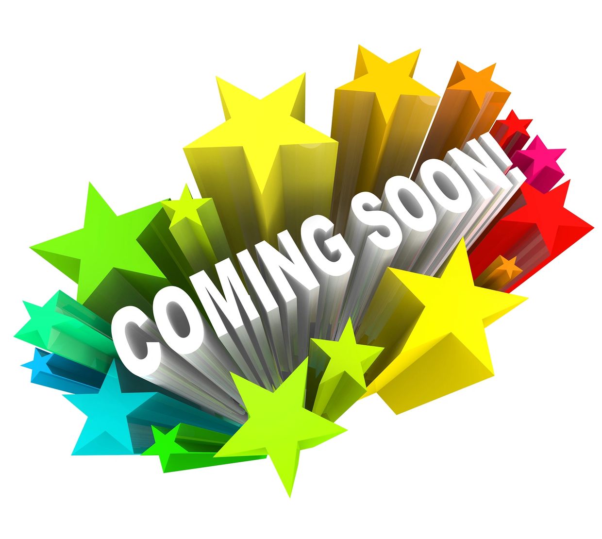 Colorful 3D stars with 'COMING SOON!' text in the center.