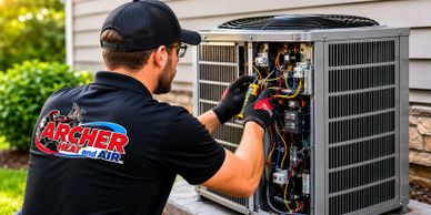 Technician repairing an outdoor air conditioning unit.