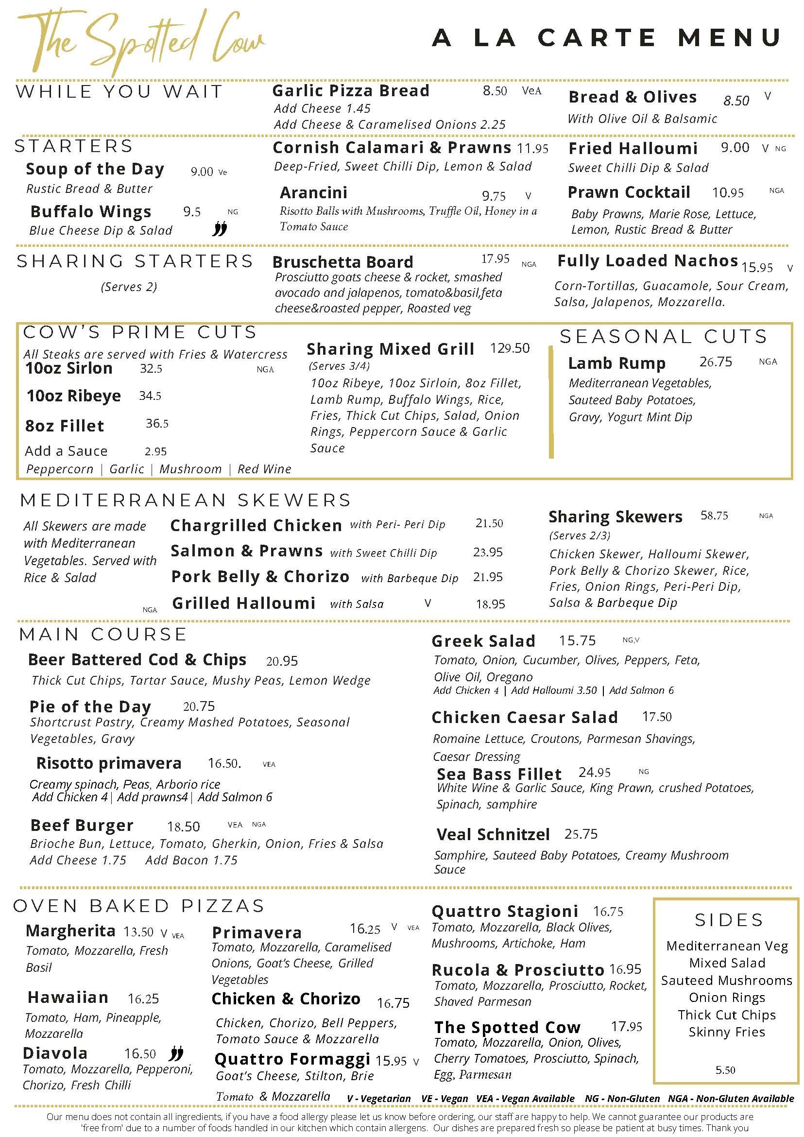 A detailed menu from The Spotted Cow with starters, mains, pizzas, and sides.