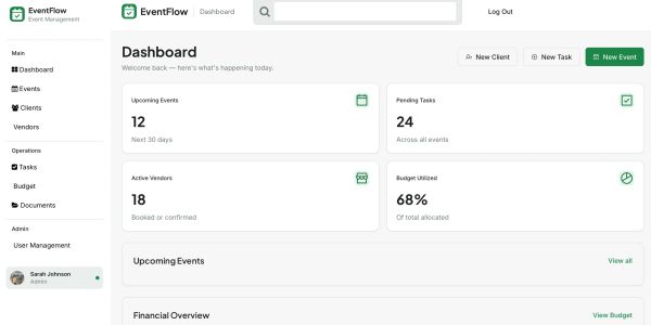 EventFlow dashboard displaying events, tasks, vendors, and budget stats.