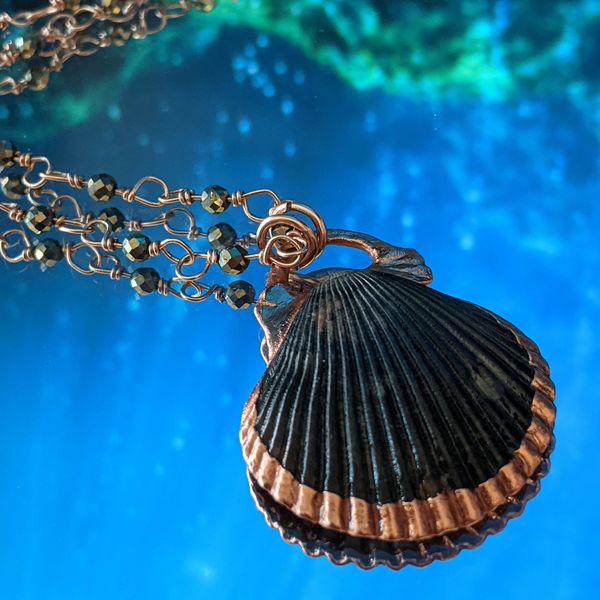 Handmade crystal chain necklace with electroformed shell pendant. One of a kind, healing jewelry. 