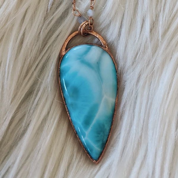 Magical, Larimar crystal electroformed into a pendant necklace. Large, blue crystal tear shaped.