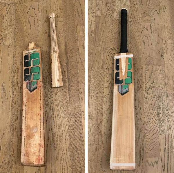 Before and after restoration of a cricket bat on a wooden floor.